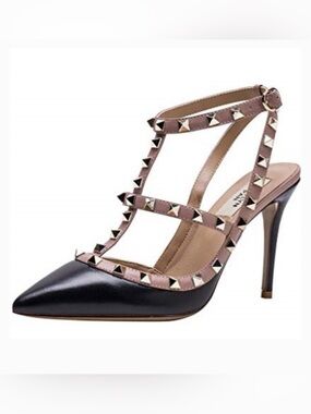 Kaitlyn Pan-Rockstud Black Pointed Toe T-Strap Pump